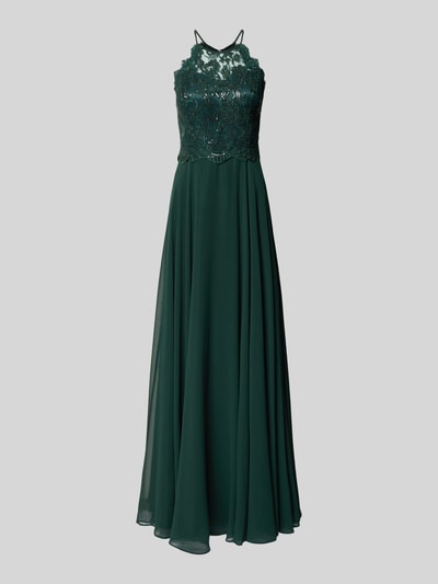 Produktfoto, zielone Tailliertes Abendkleid mit Spitzenbesatz od VM by Vera Mont, koronkowa góra, zwiewny dół, matowa tekstura