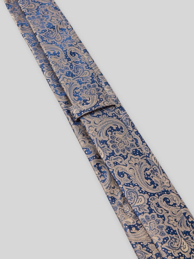 Produktfoto, Seidenkrawatte mit Paisley-Muster von MONTI aus Reine Seide in klassischer Form, Blau und Beige, Schlaufe, Label-Detail, Breite 7 cm