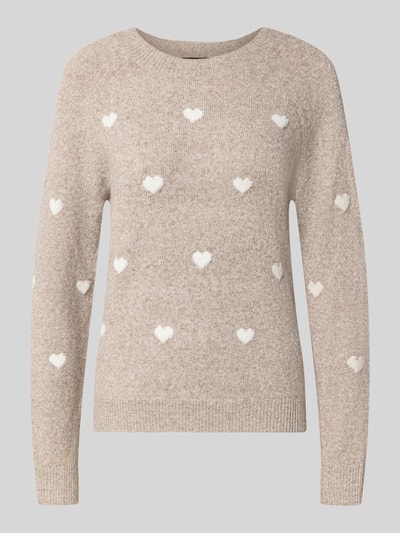 Produktfoto, beigefarbener Regular Fit Pullover mit Rundhalsausschnitt Modell 'DOFFY' von VERO MODA, weiße Herzmuster, strukturierte Strickoberfläche