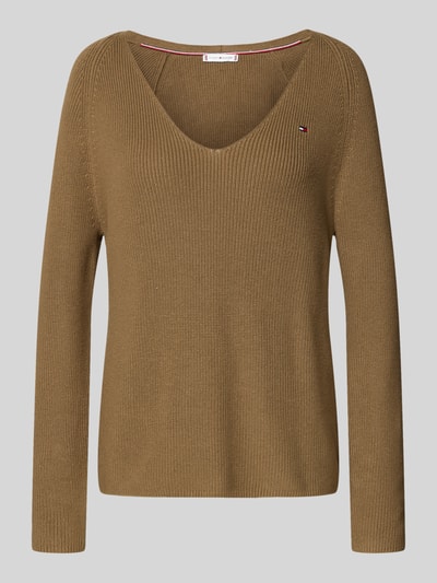 Produktfoto, Regular Fit Strickpullover aus reiner Baumwolle von Tommy Hilfiger w kolorze jednolitym, prążkowany, długi rękaw, dekolt V, logo.