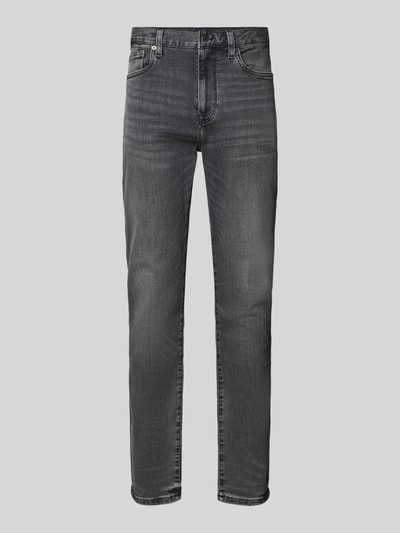 Produktfoto, Slim Fit Jeans aus Baumwoll-Mix Modell 'BLEECKER' von Tommy Hilfiger in grauer Denim-Optik mit Label-Patch, 5-Pocket-Design, Knopf und verdecktem Reißverschluss, schmaler Passform und leichter Used-Textur