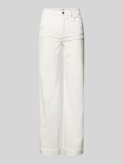 Produktfoto, witte Bootcut Jeans im 5-Pocket-Design van Stefanel dames, katoenmix met stretch, uitlopend model, knoop- en ritssluiting, bandwijdte maat 36: 37 cm, binnenbeenlengte maat 36: 79 cm
