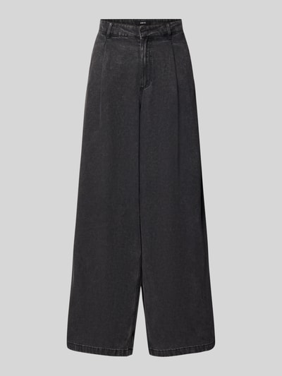 Produktfoto, Wide Leg Jeans aus Lyocell-Mix mit Bundfalten von zero in dunklem Grau, gerade Form, breite Beine, sichtbare Gesäßtaschen, Damen Jeans von zero, Lyocell-Mix mit Viskose-Anteil, Bundweite 40 cm, Innenbeinlänge 75 cm