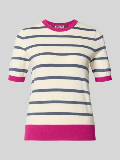 Produktfoto, Strickshirt aus Viskose-Mix mit Rundhalsausschnitt von Jake*s Casual, mehrfarbig gestreift, Regular-Fit, Allover-Look, kurzer Ärmel, Rückenlänge 57 cm bei Größe S, Ärmellänge 20 cm bei Größe S, glatte Textur