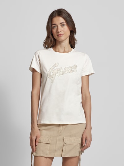 Guess T-shirt z obszyciem kamieniami stras z logo Złamany biały 4