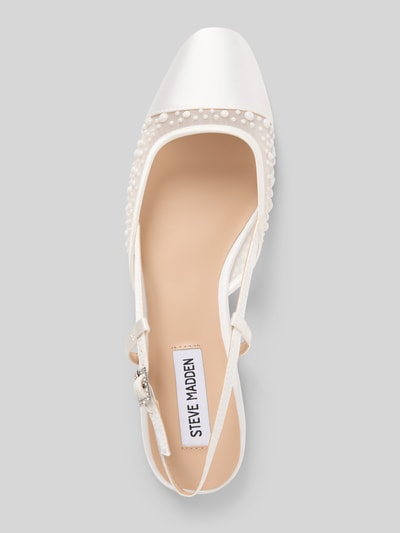 Produktfoto, Ballerina in semitransparentem Design Modell 'Belinda' von Steve Madden, weiße Farbe, Ziersteinbesatz, offene Ferse, 3 cm Absatz, elegante abgerundete Form