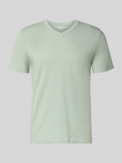 Produktfoto, Regular Fit T-Shirt aus reiner Baumwolle von Tom Tailor, unifarben, V-Ausschnitt, kurzarm, Logo-Stitching, Jersey-Textur