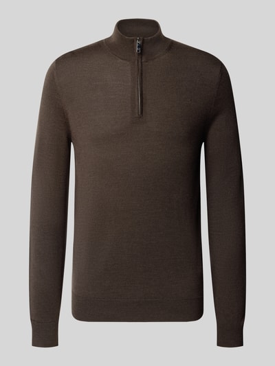 Christian Berg Men Slim Fit Strickpullover aus Woll-Mix mit Troyer-Kragen Dunkelbraun Melange 2