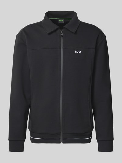 Produktfoto, Regular Fit Sweatjacke aus Baumwoll-Mix Modell 'SW_Member' von BOSS Green in Schwarz, mit Reißverschluss, gerippten Abschlüssen und Label-Schriftzug, Kontraststreifen am Saum, unifarbene Twill-Oberfläche, gerade Form