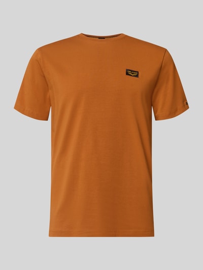 Produktfoto, T-Shirt mit Label-Details und Rundhalsausschnitt von PME Legend in Orange, aus Baumwoll-Elasthan-Mix, Regular-Fit, Rückenlänge 70 cm bei Größe M.