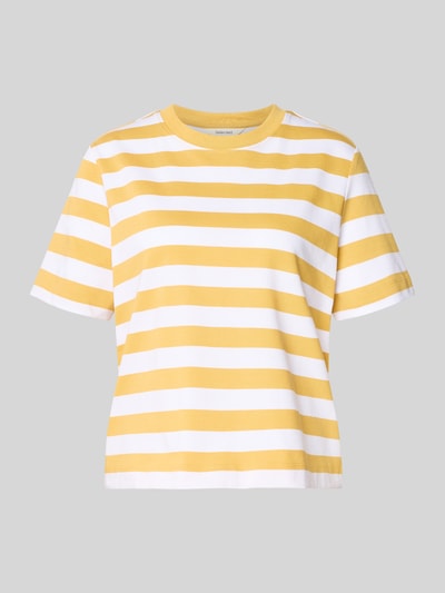 Produktfoto, Boxy Fit T-Shirt aus reiner Baumwolle Modell 'ESSENTIAL' von Selected Femme mit Optik:Allover-Muster, gestreift, Label-Patch, Rundhals, Kurzarm, heavy Jersey, reine Baumwolle, gelbe und weiße Streifen, glatte Textur