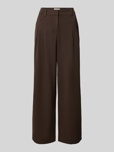 Produktfoto, Baggy Fit Stoffhose mit gelegten Falten Modell 'Henrika' von MSCH COPENHAGEN in dunklem Braun, glatte Textur, gerade Form, Damen Stoffhose aus Viskose-Mix, Vorderansicht