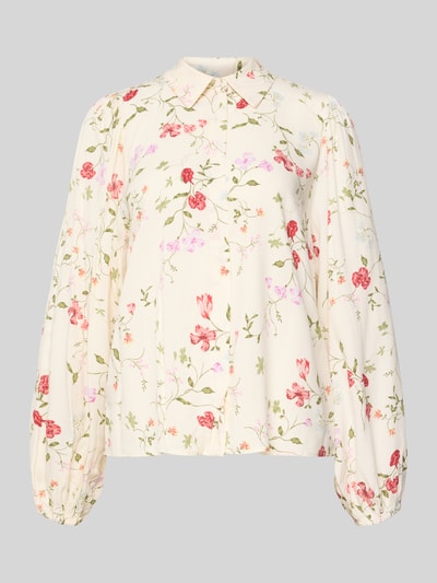 Produktfoto, Bluse aus Viskose mit Kentkragen Modell 'ASINA' von YAS, florales Muster, Gerader-Schnitt, verdeckte Knopfleiste, elastische Ärmelabschlüsse, Rückenlänge 59 cm, Ärmellänge 67 cm, Cremefarbe mit roten und grünen Akzenten, glatte Textur