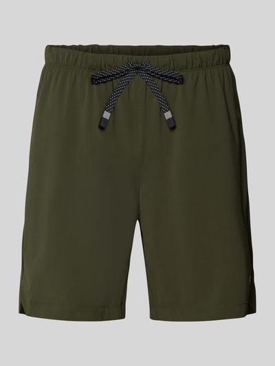 Produktfoto, olivgrüne Regular Fit Shorts mit Logo-Print von Fabletics, elastischer Bund mit Tunnelzug, Eingrifftaschen, glatte Textur