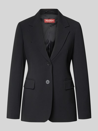 Produktfoto, schwarzer Slim Fit Longblazer mit Reverskragen Modell 'LINZ' von Max Mara Studio, glatte Textur, Damen Longblazer