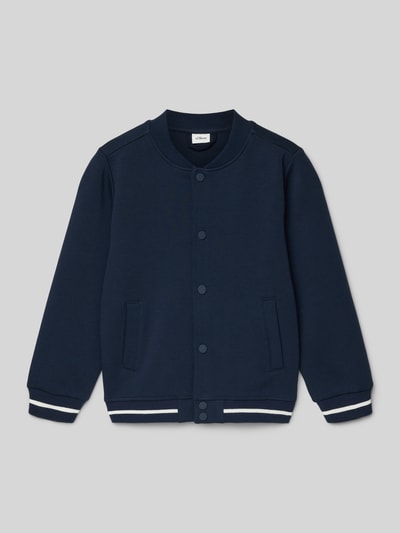 Produktfoto, Regular Fit Sweatjacke aus Baumwoll-Mix von s.Oliver RED LABEL in Dunkelblau, uni, College-Kragen, Kontraststreifen, Seitentaschen