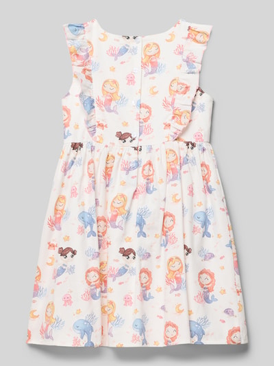 Produktfoto, Regular Fit Kleid mit Allover-Motiv-Print von Happy Girls aus Reine Baumwolle mit Rundhalsausschnitt, Ärmelloses-Design, Rüschenbesatz und Zierschleife, bunte Farben auf weißem Grund, Rückenlänge bei Größe 116: 22 cm