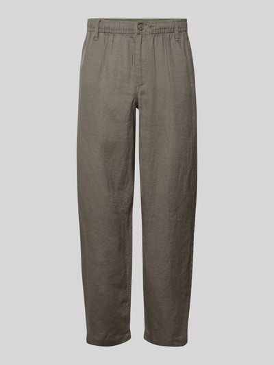 Produktfoto, Leinenhose mit Eingrifftaschen Modell 'KARL LAWRENCE' von Jack & Jones Premium, Reines Leinen, Straight Fit, grau-braune Farbe, elastischer Bund, Knopf- und Reißverschluss, französische Eingrifftaschen, Gesäßleistentaschen, sichtbare strukturierte Leinen-Textur, moderne Herren Hose.