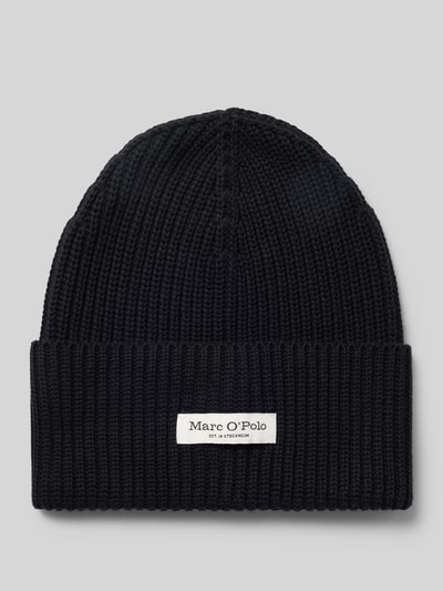 Productfoto, zwarte ribgebreide Mütze met breitem omslag van Marc O'Polo, dames Mütze, grof gebreid met rechthoekig label vooraan