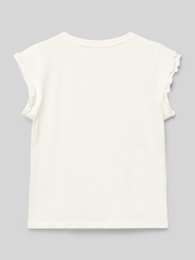 Produktfoto, Kinder T-Shirt mit Wellensaum an den Ärmeln Modell 'LILI' von Mango, Reine Baumwolle, Gerader-Schnitt, Rundhalsausschnitt, Rückenlänge 42 cm in Größe 128, weiße Farbe, schlichte glatte Textur.