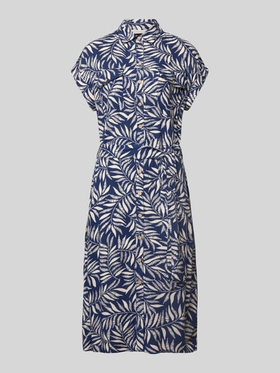 Produktfoto, Hemdblusenkleid aus Viskose mit Brusttaschen von Apricot, dunkelblau mit cremefarbenem Blätterprint, taillierter Schnitt, Midikleid, Hemdblusenkragen, Knopfleiste, Ärmel mit fixiertem Aufschlag, Brusttaschen mit Knopfverschluss, Bindegürtel, strukturierte Oberfläche, Rückenlänge 118 cm, Brustweite 49 cm, Ärmellänge 5 cm, reine Viskose.