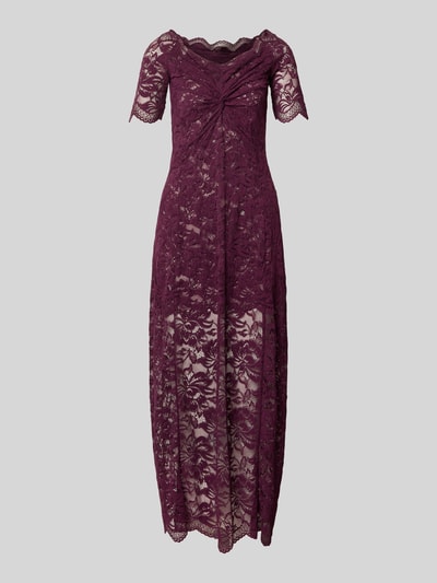 Produktfoto, Maxikleid mit Allover-Spitzenbesatz von Rabanne in dunklem Lila, taillierte Passform, Kurzarm, blickdichtes Unterkleid