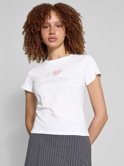 Review T-shirt z prążkowanym okrągłym dekoltem Biały 3