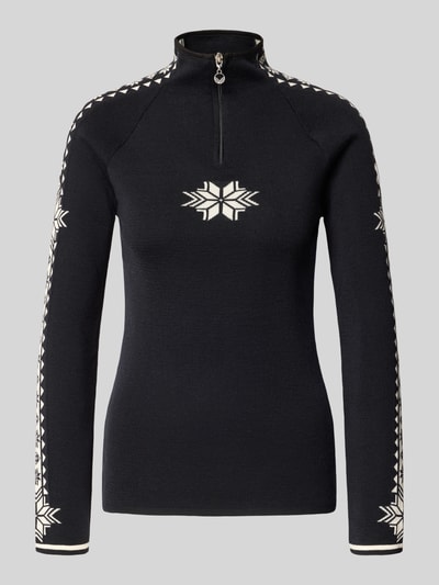 Produktfoto, dunkelblauer Strickpullover aus Wolle Modell 'Geilo' von Dale of Norway mit weißem Norwegermuster, Stehkragen und Reißverschluss, Slim Fit, glatte Textur