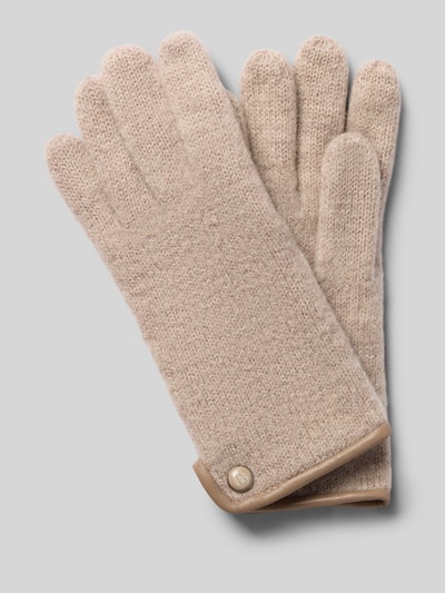 Produktfoto, Walkhandschuhe aus reiner Schurwolle von Roeckl, beige Strick-Optik, eingefasste Abschlüsse, Label-Detail sichtbar