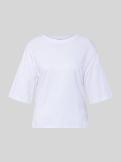 Produktfoto, weißes Damen T-Shirt aus Bio-Baumwolle, Boxy-Fit, Modell 'Derby' von Soyaconcept mit Rundhalsausschnitt, Rückenlänge 57 cm