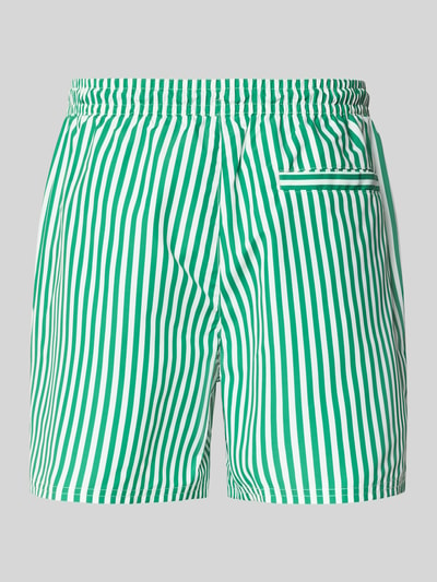 Produktfoto, Regular Fit Shorts mit Logo-Print von Calvin Klein Underwear, grün-weißes Streifenmuster, elastischer Bund mit Tunnelzug, integrierter Slip, Herren Shorts