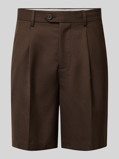 Produktfoto, braune Loose Fit Bermudas mit Woll-Anteil Modell 'OTTO' von SELECTED HOMME, unifarben mit Bundfalten und Gürtelschlaufen.