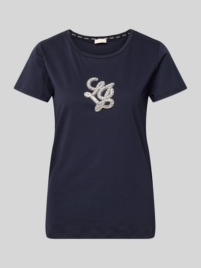 Produktfoto, T-Shirt mit Rundhalsausschnitt und Strasssteinbesatz von LIU JO SPORT, reine Baumwolle, gerader Schnitt, Logo-Detail, navy