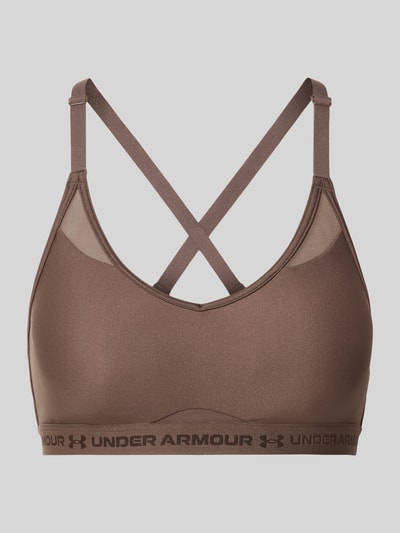 Produktfoto, brauner Sport-BH mit Label-Schriftzug Modell 'UA Crossback Low Bra' von Under Armour, glatte Oberfläche, Damen Sport-BH