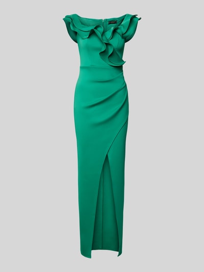 Produktfoto, Slim Fit Abendkleid mit Rüschenbesatz von Lipsy in leuchtendem Grün, Elastischer-Material-Mix, Gehschlitz, Ärmelloses-Design, elegante Raffung, schlanker Schnitt, zarte Textur, Rückenlänge 131 cm, Brustweite 30 cm für Größe 36.