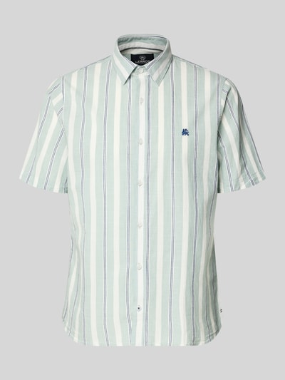 Produktfoto, Slim Fit Freizeithemd mit Logo-Stitching von Lerros, Reine Baumwolle, Kentkragen, kurzärmelig, grün-weiß gestreift, durchgängige Knopfleiste, Rückenlänge 75 cm, Schulterbreite 43 cm, Ärmellänge 26 cm