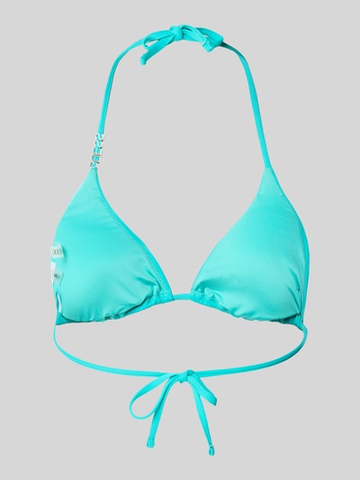 Produktfoto, top bikini Bikini-Oberteil mit Logo-Detail Modell 'Rem' od Guess, elastyczna mieszanka materiałów, detal z logo, obszycie z kamieni stras, turkusowy kolor, gładka faktura
