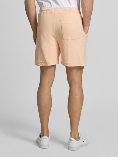 Männermodel trägt Regular Fit Sweatshorts aus reiner Baumwolle von Lacoste in Optik: Unifarben, Materialverarbeitung: Crêpe, Logo-Stitching, Bundabschluss: elastisch, Verschluss: Tunnelzug, Ganzkörperansicht Rückansicht.