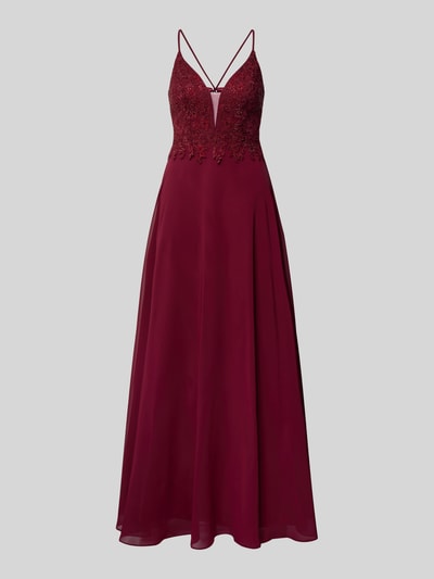Produktfoto, Regular Fit Abendkleid mit floralem Spitzenbesatz von Luxuar in Dunkelrot mit Ziersteinbesatz, Spaghetti-Träger und Rückenausschnitt, taillierte Passform, feine Textur, Rückenlänge bei Größe 36: 156 cm, Brustweite: 30 cm.