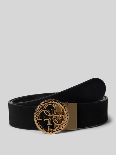 Produktfoto, Gürtel mit Logo-Detail von GUESS in schwarzer Leder-Optik mit goldfarbenem Steckverschluss und Strukturmuster, 3 cm Breite