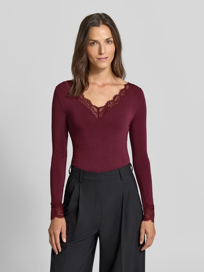 VERO MODA bluzka z długim rękawem o kroju slim fit z mieszanka modalu z dodatkiem wełny model 'SKYE' Bordowy 4