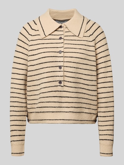 Produktfoto, Relaxed Fit Strickpullover mit Polokragen Modell 'True' von Topshop, beige mit schwarzen Streifen, Strick-Optik, elastischer Material-Mix, gerippte Abschlüsse
