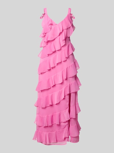 Produktfoto, pinkes Midikleid mit Volants, A-Linie, Modell 'LUNA' von Vila, Träger mit Schnürung, strukturierte Oberfläche.