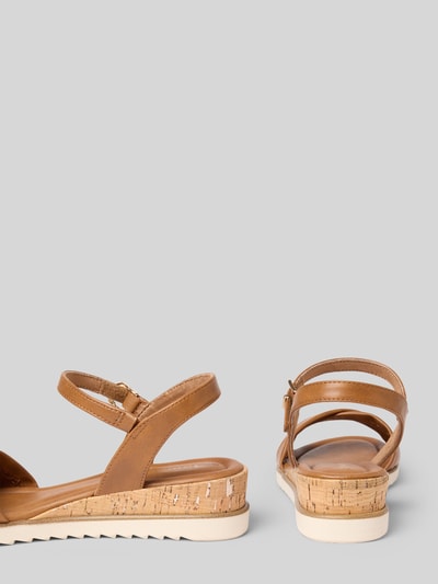 Produktfoto, Sandalen in Lederoptik mit Korkabsatz von Tamaris, unifarben, offene abgerundete Spitze, Keilabsatz, Dornschließe, profilsool