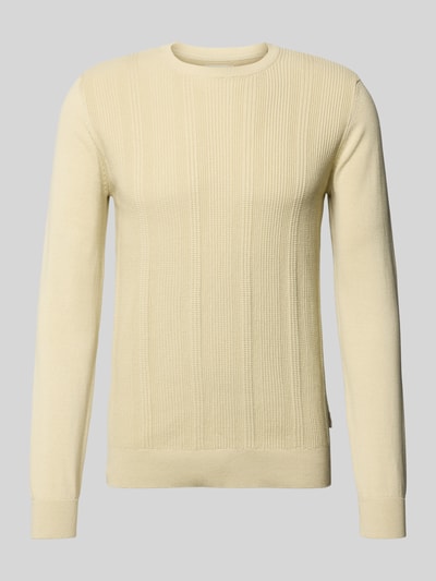 Produktfoto, Slim Fit Pullover in Strick-Optik Modell 'Baron' von Blend aus reiner Baumwolle, Farbton Beige, Rundhalsausschnitt, elastische Abschlüsse.