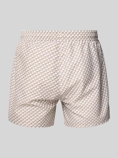 Produktfoto, Relaxed Fit Badeshorts mit Allover-Muster Modell 'CATFISH' von BOSS in Beige und Weiß, elastischer Bund mit Tunnelzug, seitliche Eingrifftaschen, Label Patch, strukturierte Oberfläche