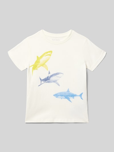 Productfoto, T-shirt met motiefprint en ronde hals van Blue Seven, wit met gele en blauwe haaimotieven, puur katoen, regular fit, ruglengte bij maat 116: 42 cm.