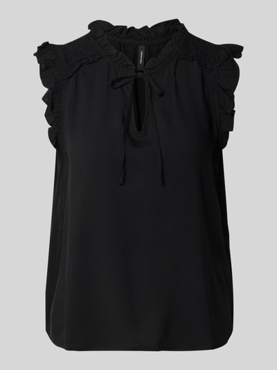 Produktfoto, Regular Fit Blusentop aus reiner Viskose Modell 'ALBA' von Vero Moda, czarny, jednolity, rzędy falban, wiązany detal, krój regular fit, dekolt V, bez rękawów, materiał gładki