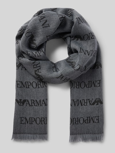 Emporio Armani Schal aus Schurwolle mit Logo-Muster und Fransen Hellgrau 1