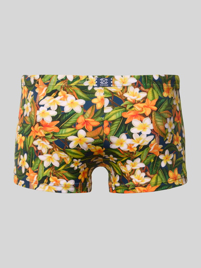 Produktfoto, Slim Fit Badehose mit floralem Allover-Print Modell 'Etna' von HOM, elastyczny materiał, krój slim fit, kwiatowy wzór, elastyczny pas z troczkiem, logo-patch